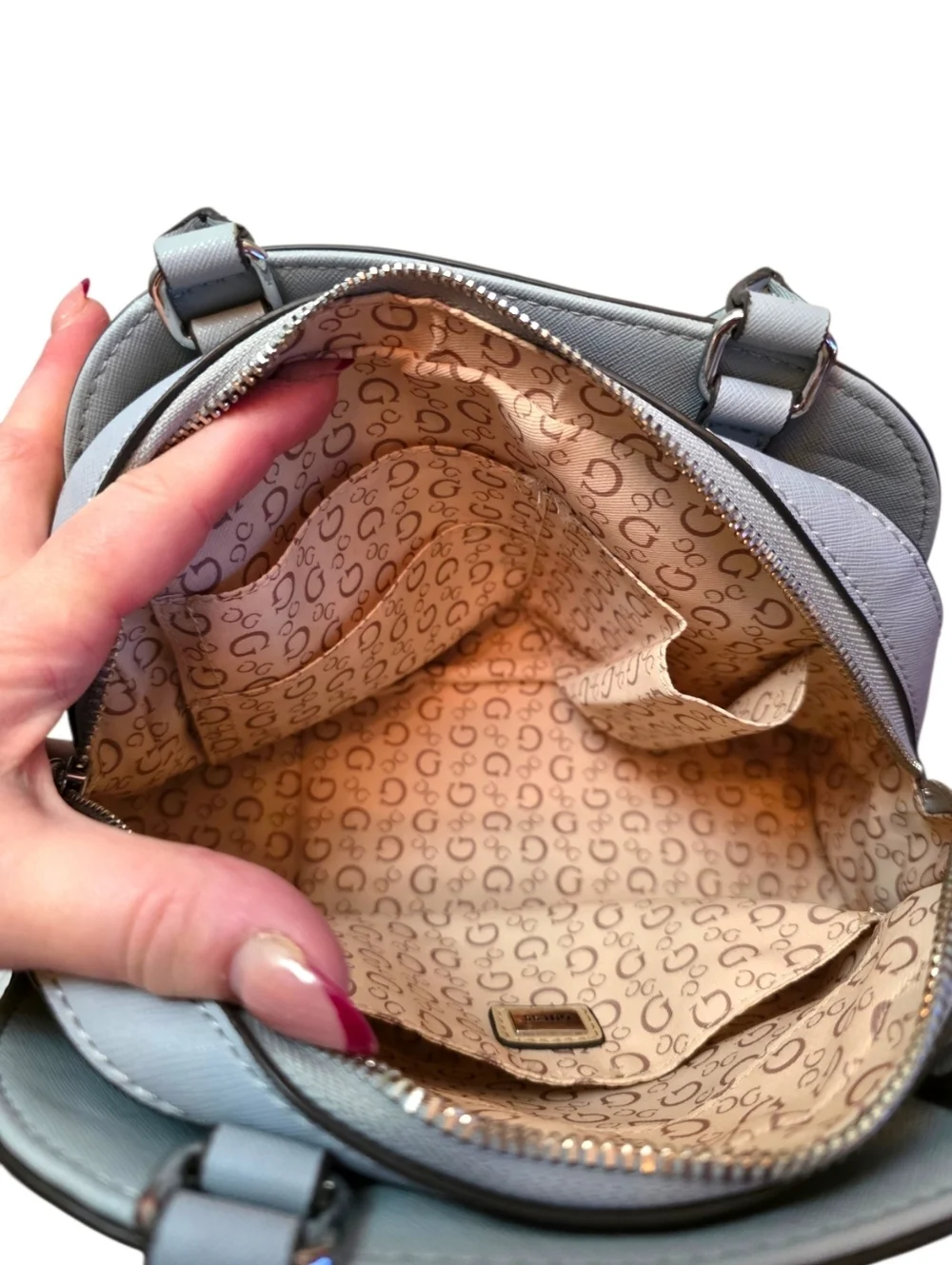 Guess Gray Dome Satchel Crossbody Bag Structured Top Handle Silver Logo